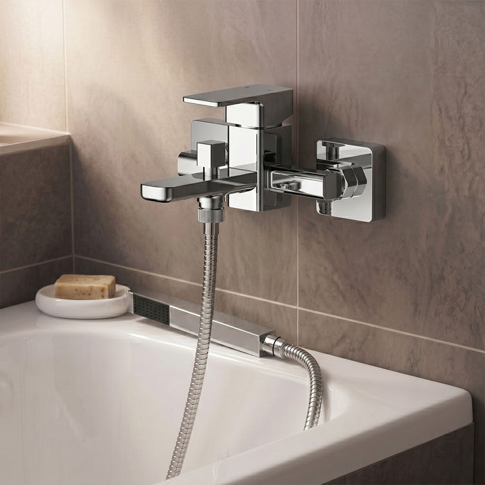 [BTEM316] Wall Mounted Square Bath Shower Mixer Tap with Shower Kit - Chrome - Silo