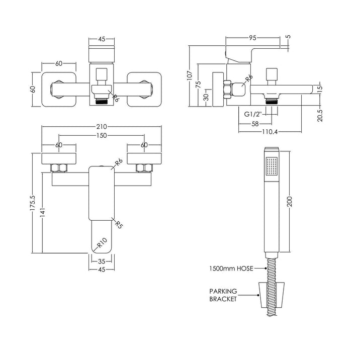 [BTEM316] Wall Mounted Square Bath Shower Mixer Tap with Shower Kit - Chrome - Technical Drawing
