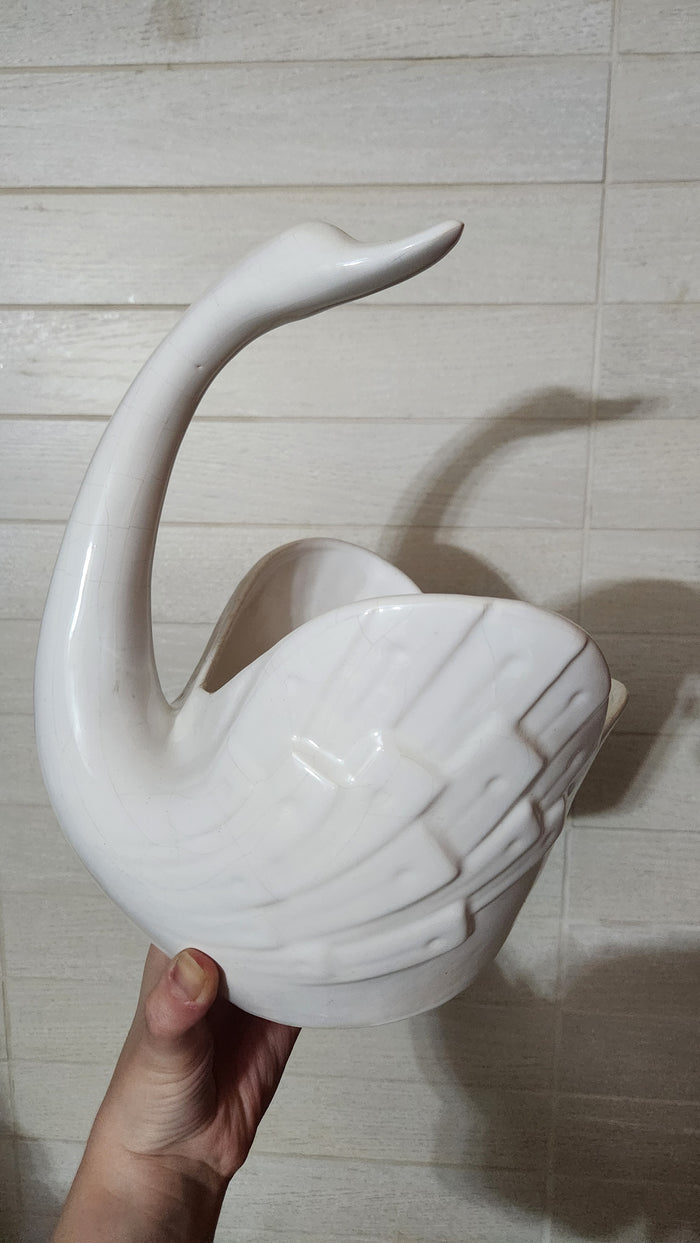 White signed ceramic swan planter