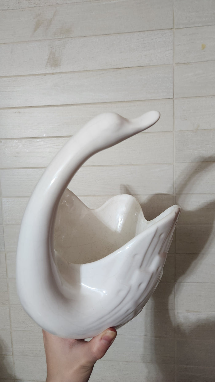 White signed ceramic swan planter