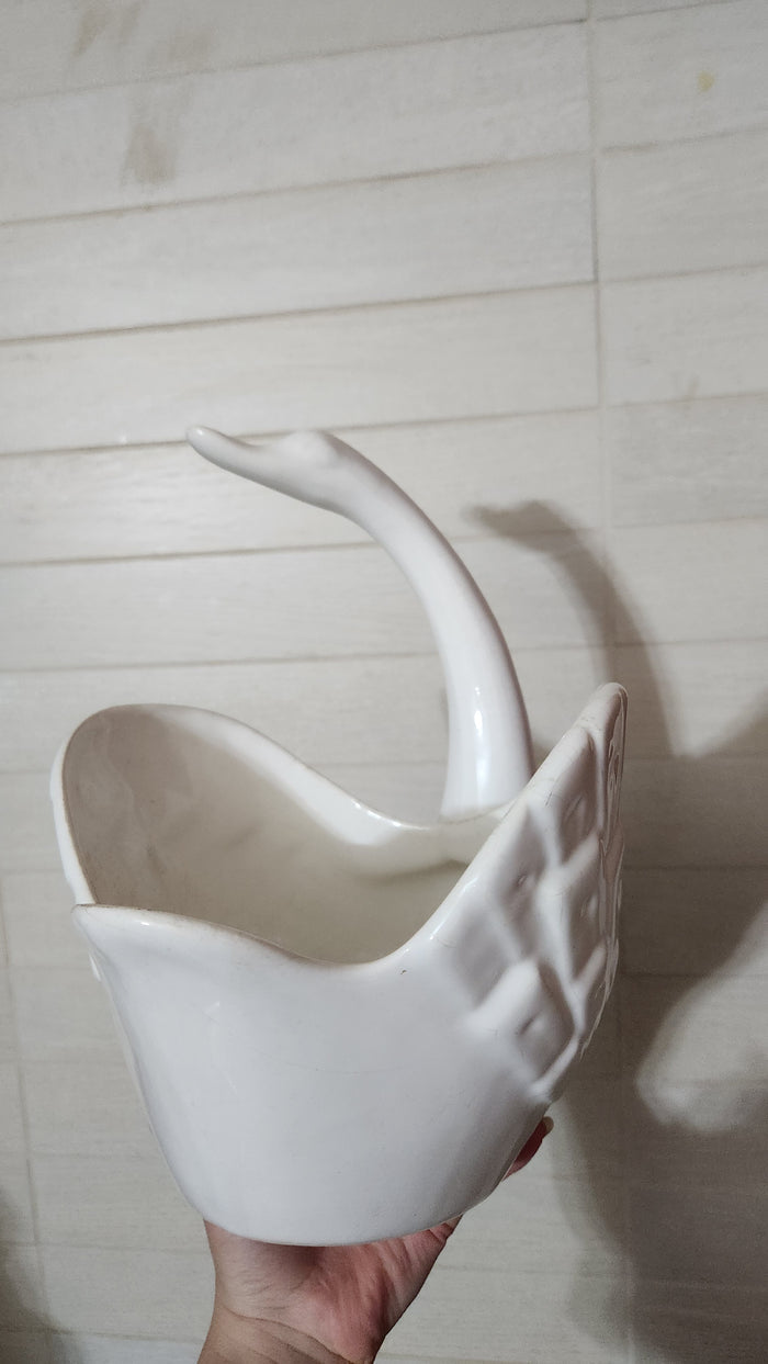 White signed ceramic swan planter