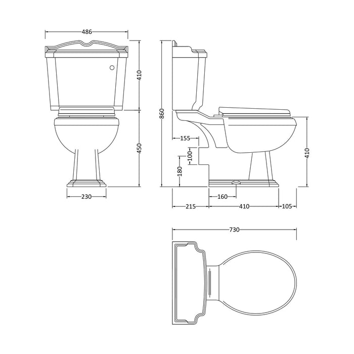 [BCLG003] Whitgreave Traditional Close Coupled Toilet and Seat - 885 x 715 x 715mm - Technical Drawing