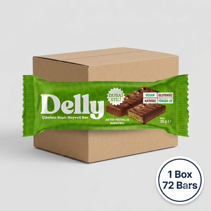 Wholesale Dubai-Style Pistachio & Knafeh Chocolate Covered Fruit Bar - 1 Case - 72 Bars