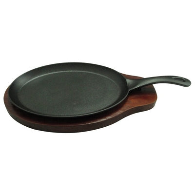 Winco FS-2 - Oval Cast Iron Sizzling Fajita Pan - With Wood Underliner