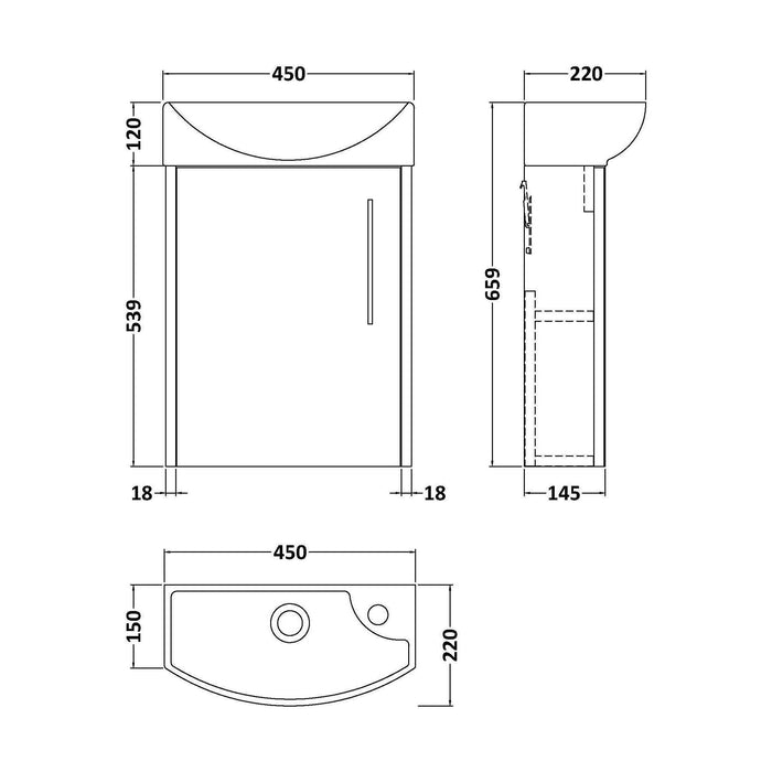[BFPF1861L] Winshill Contemporary 1 Door Wall Hung Cloakroom Vanity Unit with Basin - Choice of Orientation and Colour - Technical Drawing