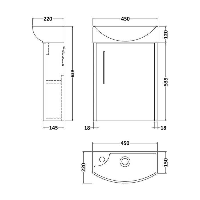 [BFPF1861R] Winshill Contemporary 1 Door Wall Hung Cloakroom Vanity Unit with Basin - Choice of Orientation and Colour - Technical Drawing