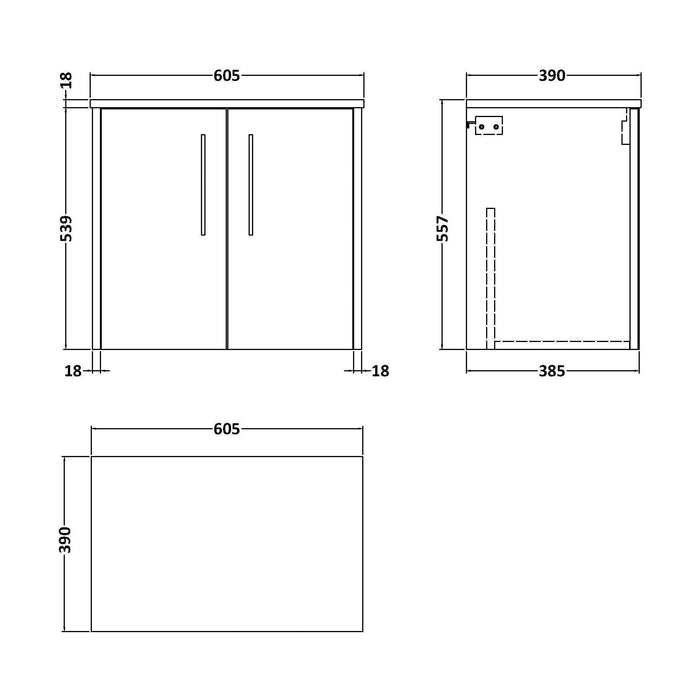 [BFPF1823W] Winshill Contemporary 2 Door Wall Hung Vanity Unit with Worktop - Choice of Colour - Technical Drawing