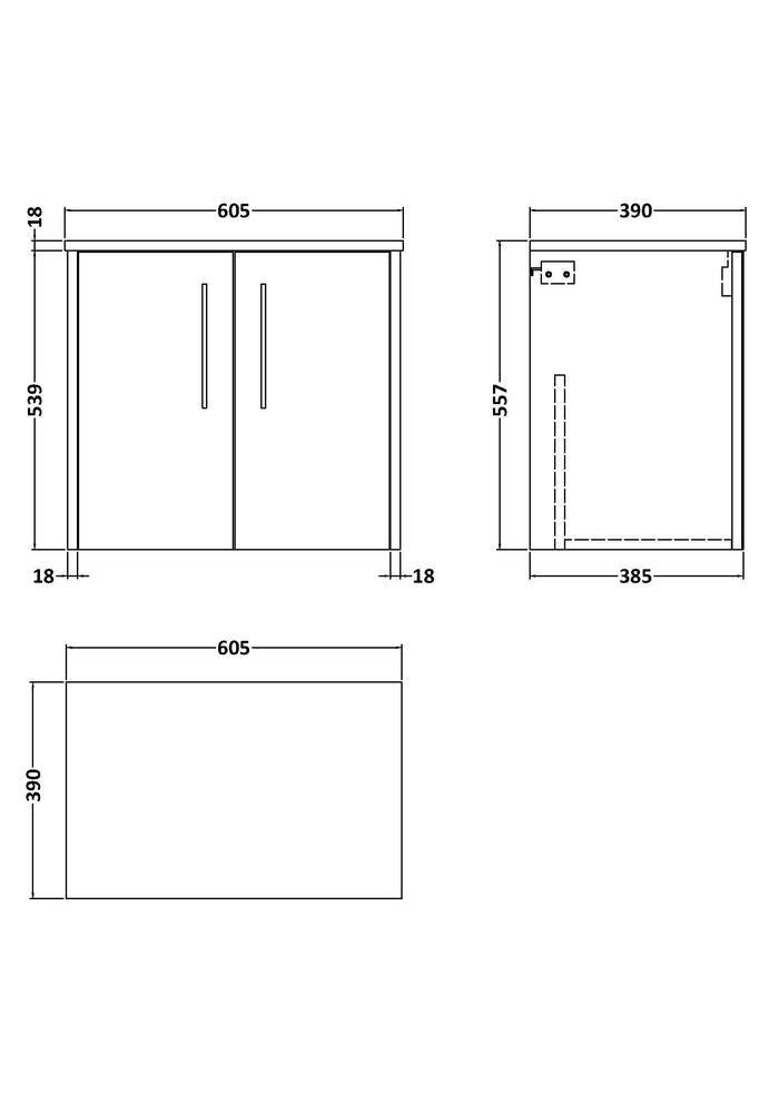 [BFPF2223W] Winshill Contemporary 2 Door Wall Hung Vanity Unit with Worktop - Choice of Colour - Technical Drawing