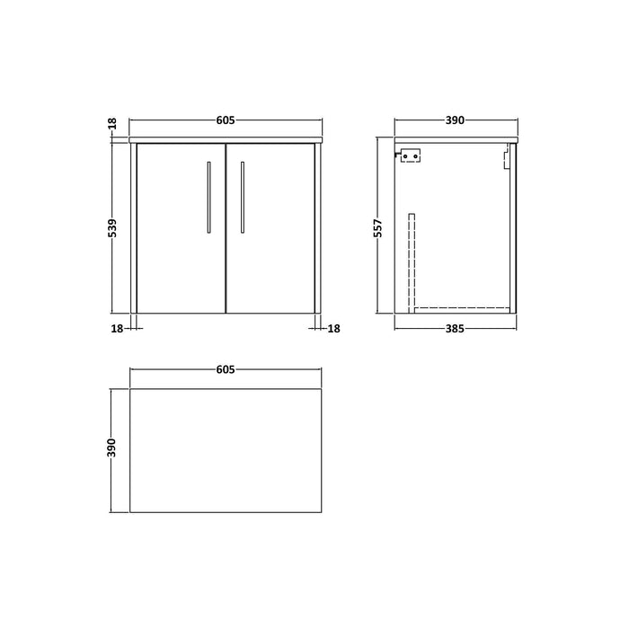 [BFPF2923W] Winshill Contemporary 2 Door Wall Hung Vanity Unit with Worktop - Choice of Colour - Technical Drawing