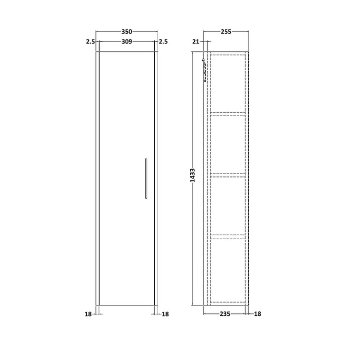 [BFPF1861] Winshill Wall Hung 1 Door Tall Cabinet, 350mm, Choice of Colour - Technical Drawing